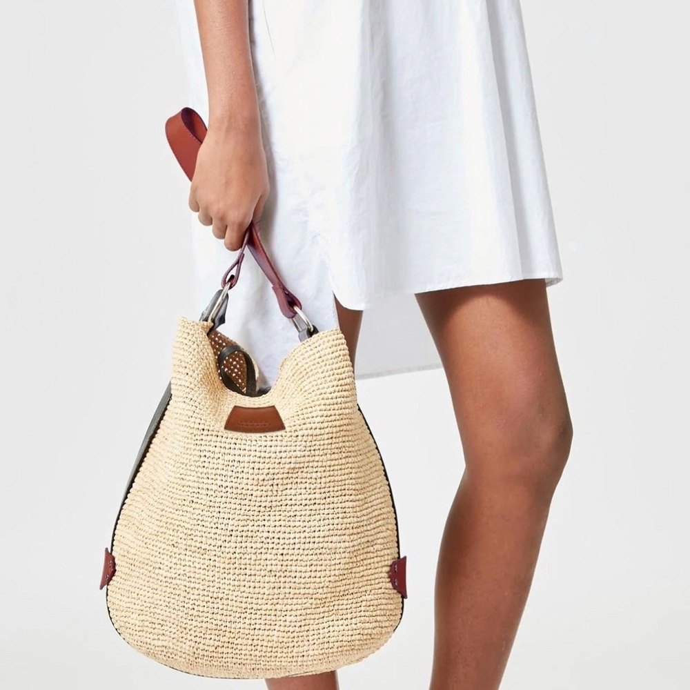 Isabel Marant Bayia Bag Natural Raffia and Midnight Navy Leather NWT - Picture 2 of 13